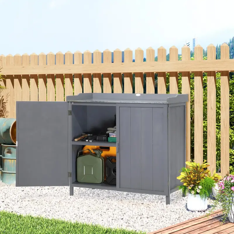 Grey Wooden Potting Table | Garden Workbench with Two-Tier Storage Cabinet by OUTSUNNY
