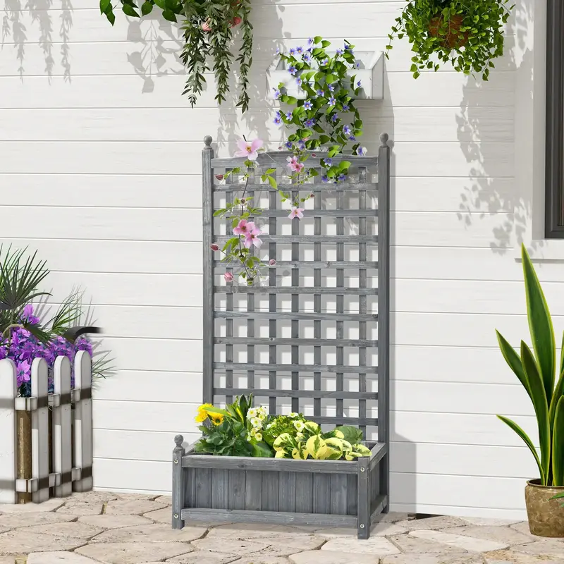 Grey Wooden Raised Planter with Climbing Frame | Modular Garden Bed with Integrated Trellis by OUTSUNNY