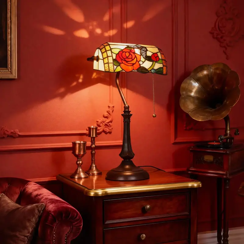 Handcrafted Tiffany-Style Table Lamp – Stained Glass Rose & Butterfly Motif Shade | HOMCOM