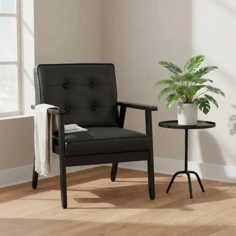HOMCOM Black Retro Accent Chair – Faux Leather Lounge Seating on Solid Rubberwood Frame