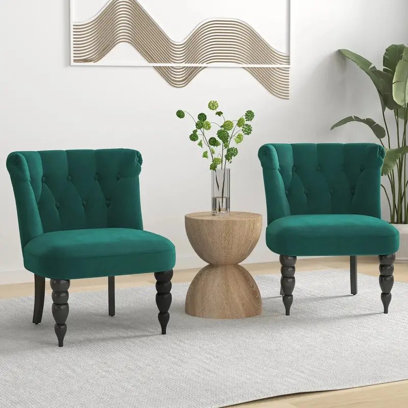 HOMCOM Dark Green Wingback Accent Chair Set – Velvet-Textured Upholstery with Decorative Gourd Legs