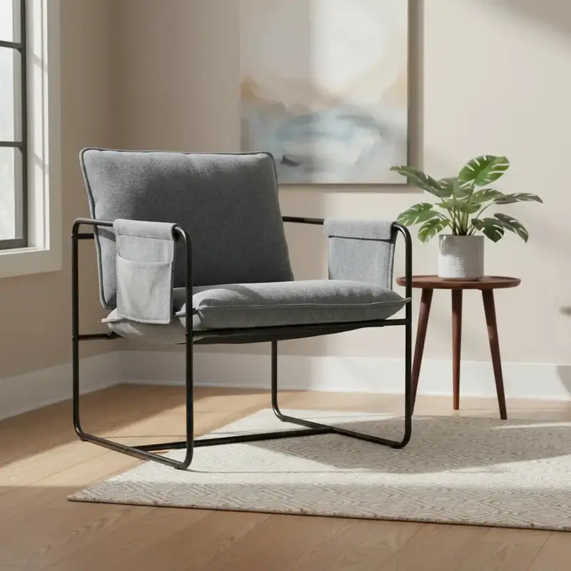 HOMCOM Grey Modern Chenille Accent Chair – Stylish Armchair with Integrated Storage Pockets