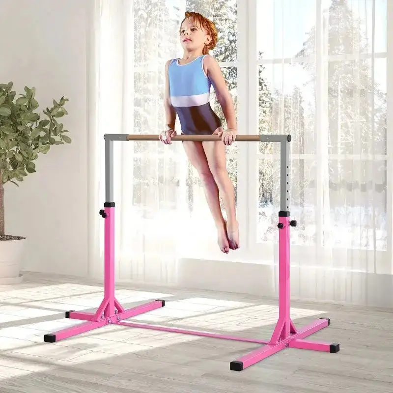 HOMCOM Pink Adjustable Kids Gymnastics Bar – 13-Level Height Bar with Solid Beech Wood Top