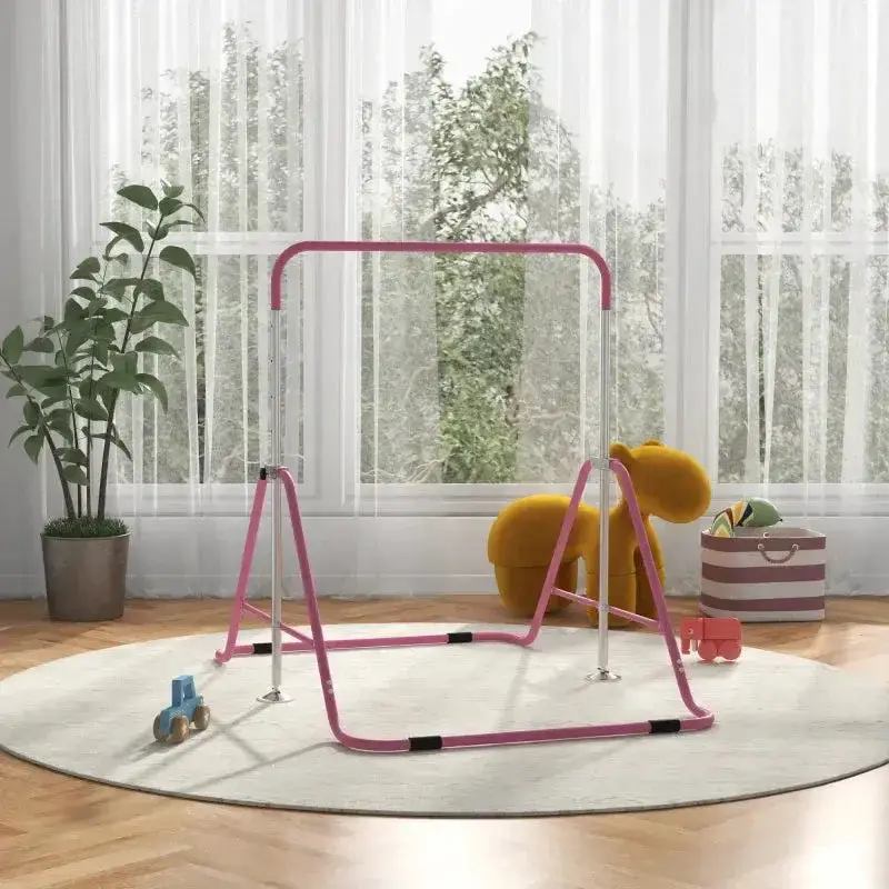 HOMCOM Pink Adjustable Kids’ Gymnastics Bar — Steel Frame for Home or Indoor Use