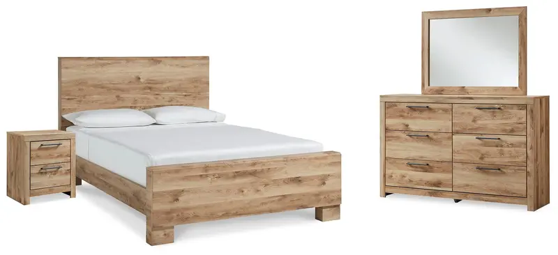 Hyanna Tan Brown King Panel Bed Collection with Dresser, Mirror, and Nightstand