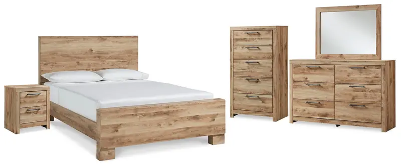 Hyanna Tan Brown King Panel Bed Suite Including Dresser, Mirror, Chest, and Nightstand