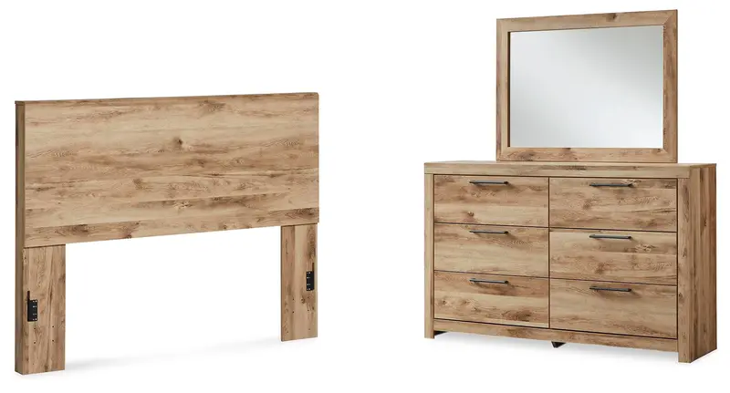 Hyanna Tan-Brown Queen Panel Headboard with Dresser and Mirror