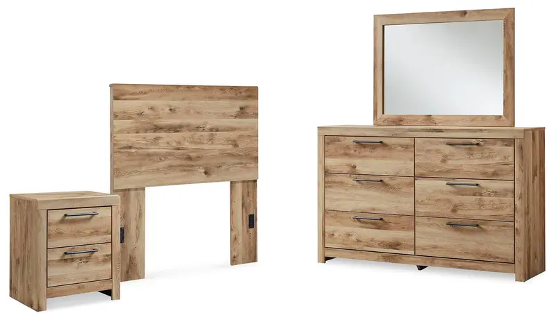 Hyanna Tan-Brown Twin Panel Headboard Set with Dresser, Mirror, and Nightstand