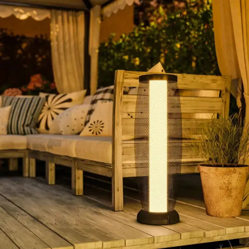 Industrial Solar Floor Lamp – Metal Garden Lantern with Wire Mesh Shade & Warm LED Glow