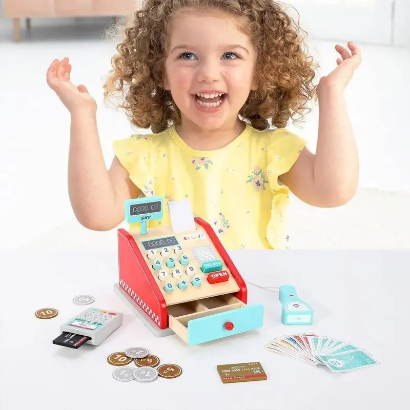 Interactive Wooden Cash Register Toy – Play Grocery Till with Working Scanner and Coin Slot