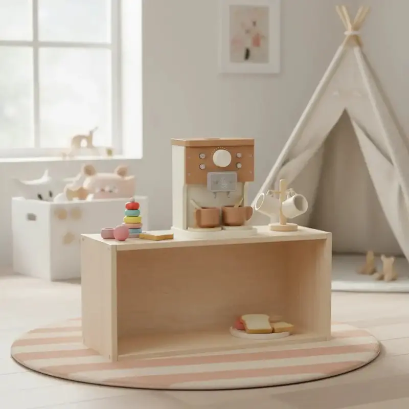 Interactive Wooden Coffee Machine Playset – 11-Piece Barista Role-Play Café Kit | AIYAPLAY