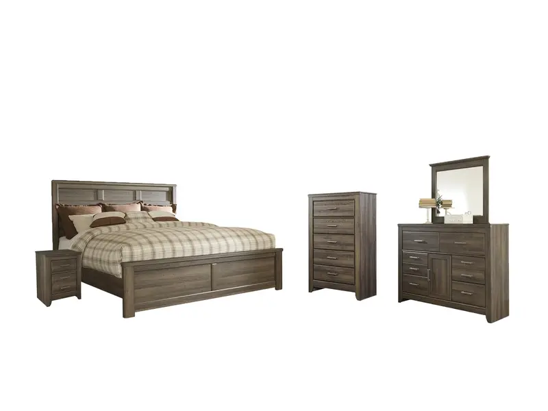 Juararo Dark Brown California King Panel Bed with Mirrored Dresser, Chest, and Nightstand