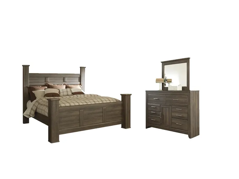 Juararo Dark Brown California King Poster Bed with Matching Mirrored Dresser