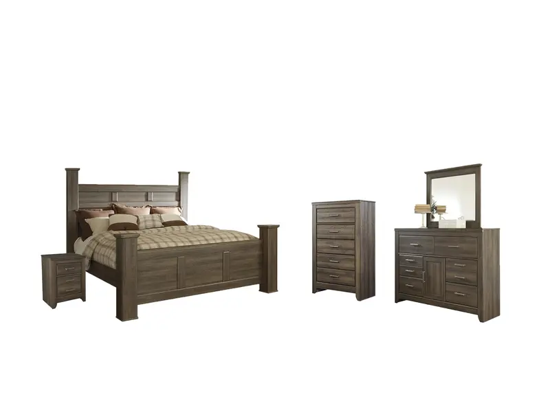 Juararo Dark Brown King Poster Bed Ensemble Including Mirrored Dresser, Chest & Nightstand