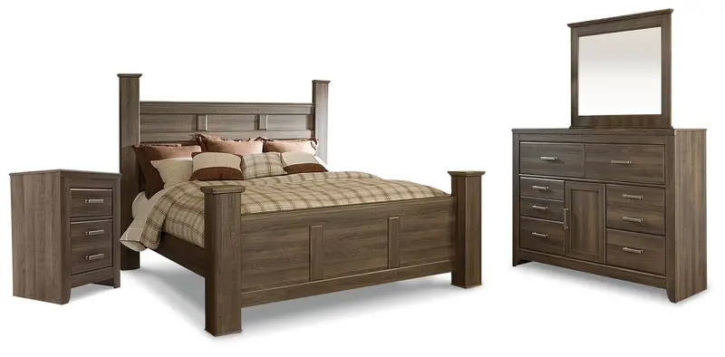 Juararo Dark Brown King Poster Bed with Coordinating Mirrored Dresser and Nightstand
