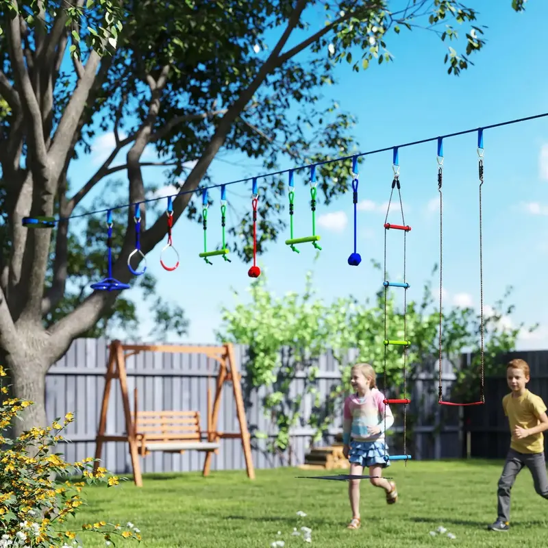 Jungle-Themed Kids Zip Line Kit – 10-Piece Set with Rope Balls & Monkey Bars – AIYAPLAY