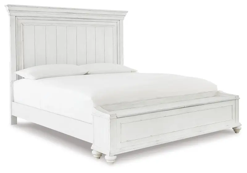 Kanwyn Whitewash King Panel Bed with Integrated Storage Bench