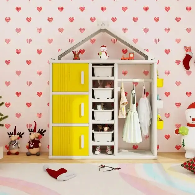 Kids Wardrobe Closet – Yellow & White Modular Storage System with Cubes and Baskets | COSTWAY