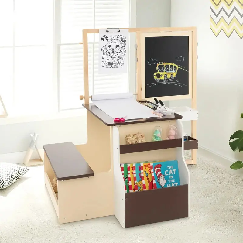 Kids’ Wooden Art Station with Bench – Coffee-Colored Creative Learning Center by COSTWAY