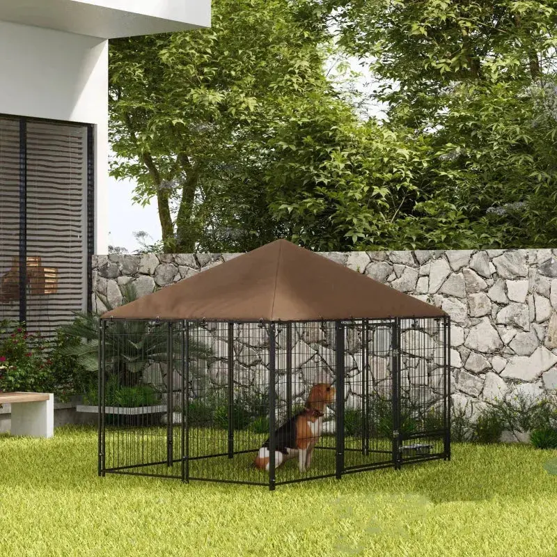 Large Heavy-Duty Outdoor Dog Kennel – Steel Playpen with Secure Gate & Built-In Feeding Bowls – PAWHUT