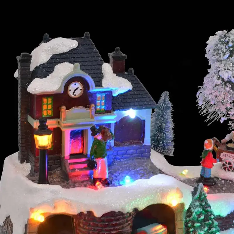 LED-Illuminated Winter Village Tabletop Decoration – Animated Resin Scene with Music