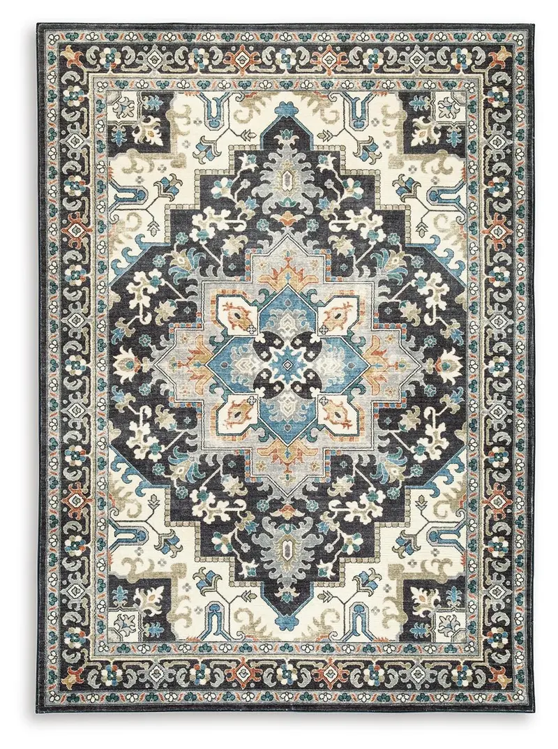 Leningston Black Cream Blue Stain-Resistant Large Area Rug