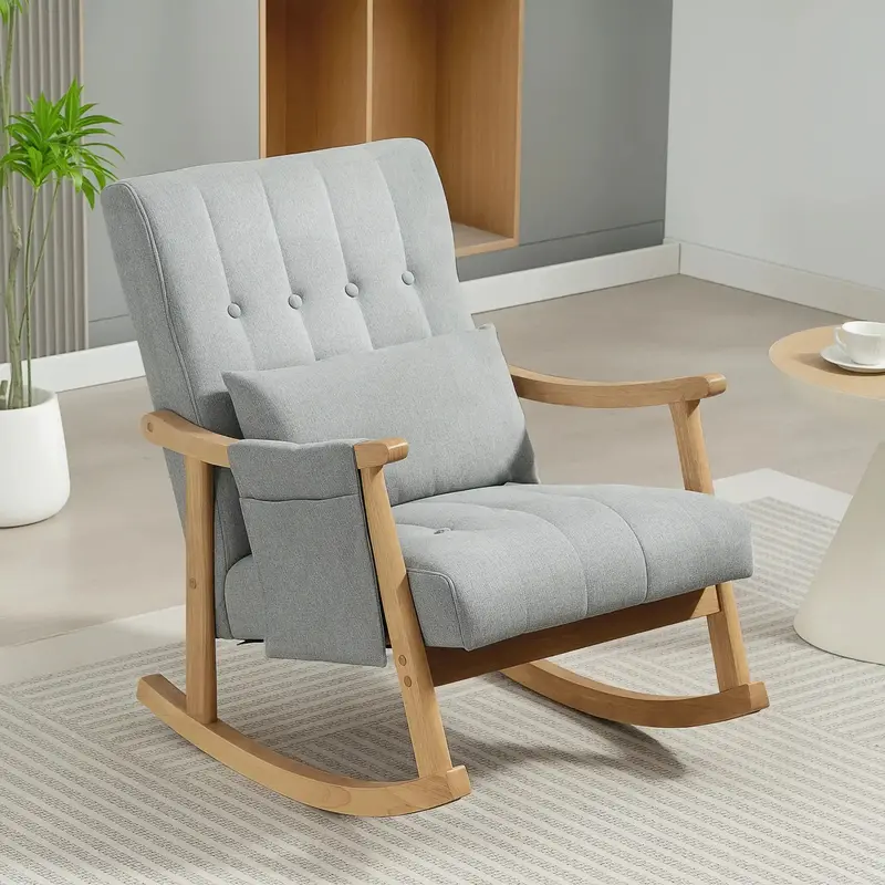 Light Grey Cotton-Linen Rocking Armchair – 35° Swivel Base & Rubberwood Construction by HOMCOM