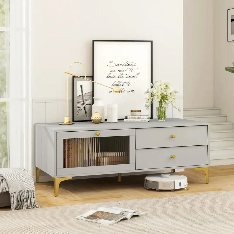 Light Grey TV Cabinet – Modern Media Unit with Drop-Down Door, Drawers & Tempered Glass by COSTWAY