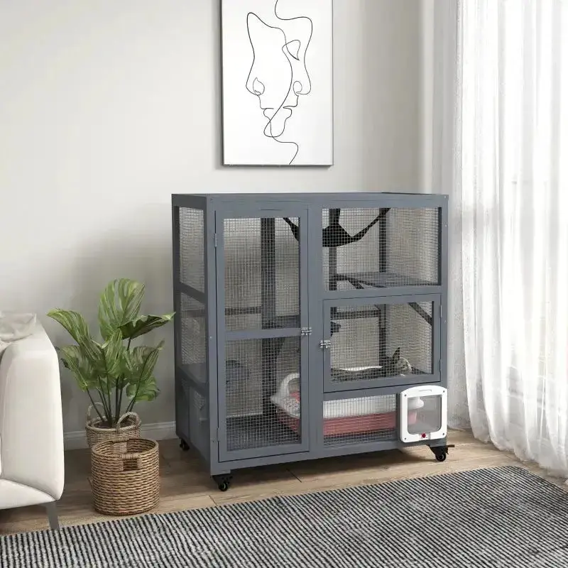 Light Grey Wooden Cat Enclosure – Multi-Level Indoor/Outdoor Habitat with Casters, Perches & Hanging Hammock | PAWHUT