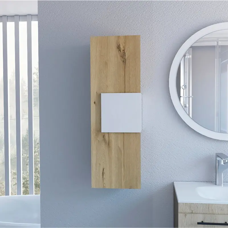 Light Oak and White Vertical Hanging Cabinet for Living Room or Entryway Storage