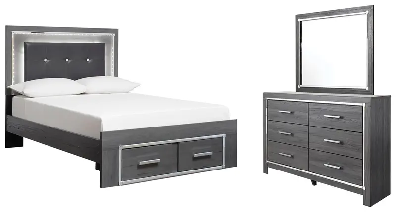 Lodanna Gray Full Panel Bed with 2-Drawer Storage & Mirrored Dresser