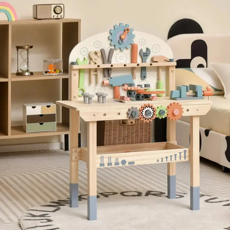 Magnetic Kids Tool Workbench – 63-Piece Wooden Carpentry Playset with Clock & Rack