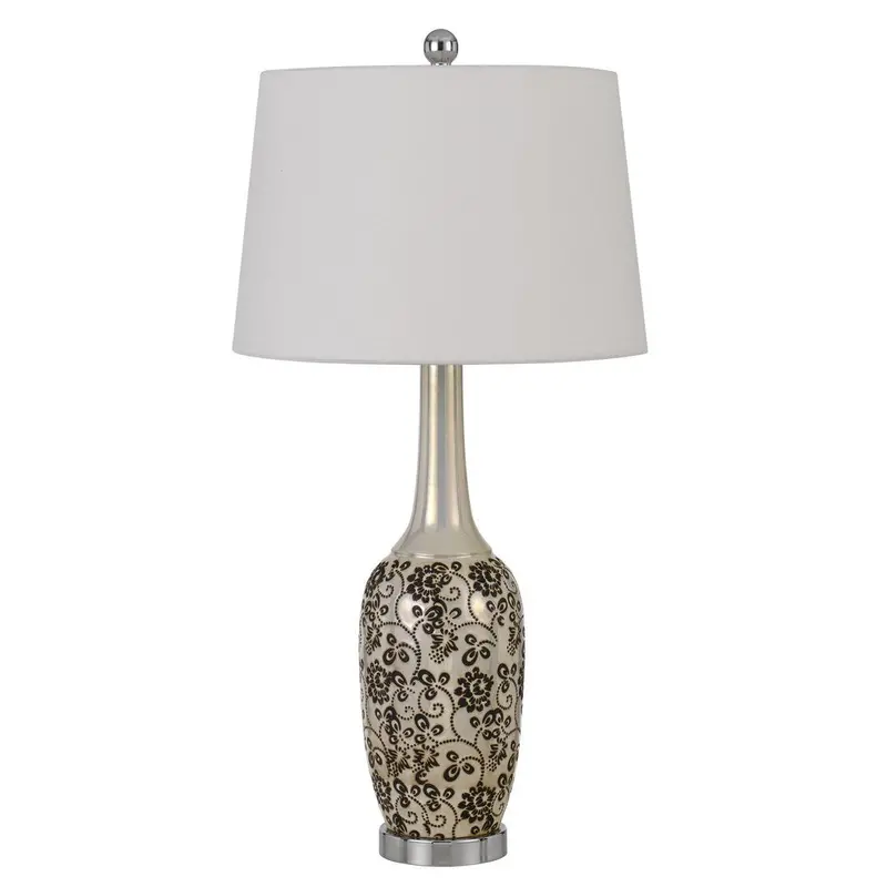 Matching Pair of 30-Inch Silver Metal Bedside Lamps with White Globe Shades