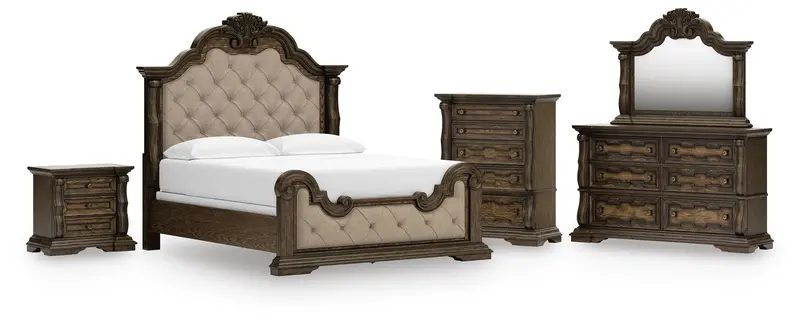 Maylee Dark Brown California King Bedroom Suite – Bed, Dresser, Mirror, Chest & Nightstand