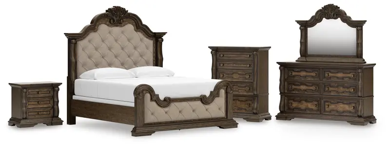 Maylee Dark Brown King Bedroom Set: Upholstered Bed, Dresser, Mirror, Chest & Nightstand