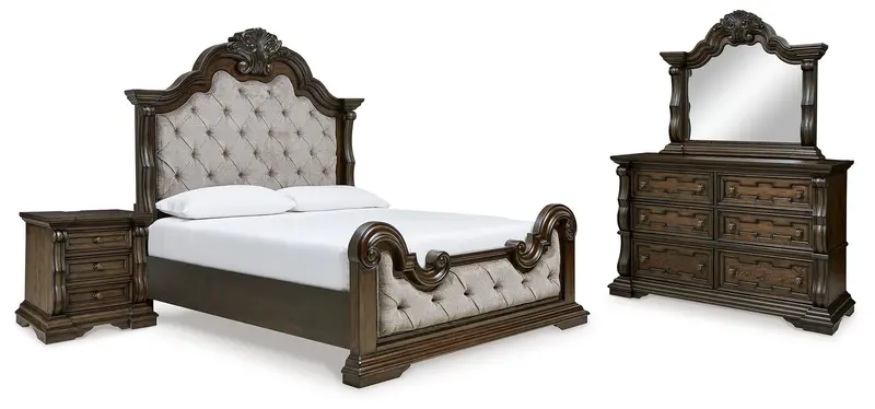 Maylee Dark Brown King Upholstered Bed with Mirrored Dresser and Nightstand