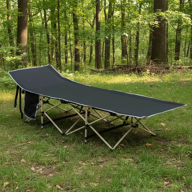Military-Style Folding Camping Cot – Compact Black Steel Cot with Side Storage Pocket by OUTSUNNY