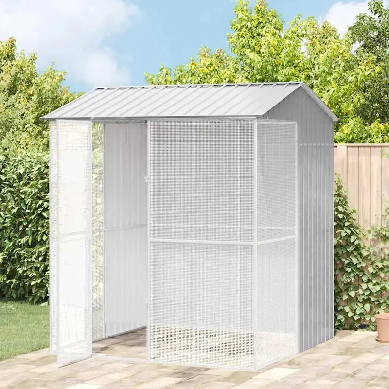 Modern Rectangular Outdoor Bird Aviary – Grey Galvanized Steel Garden Cage for Flying Birds