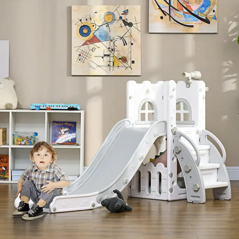 Modular Indoor Slide for Toddlers – Grey 4-in-1 Play Unit with Hoop, Telescope & Climber by AIYAPLAY