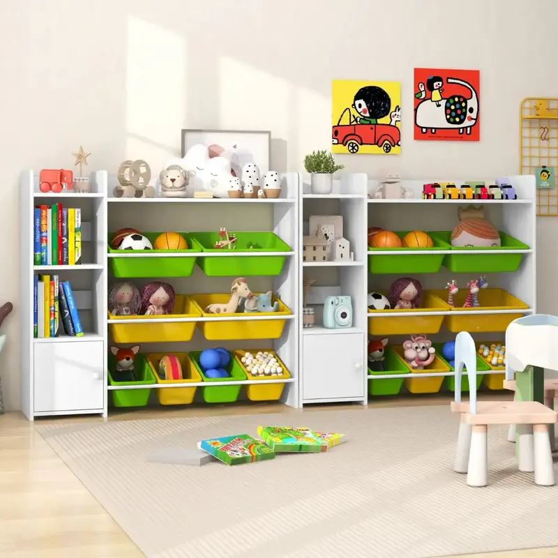 Modular Kids Toy Storage System – 4 Large + 4 Small Bins, Side Shelves & Cabinet – COSTWAY