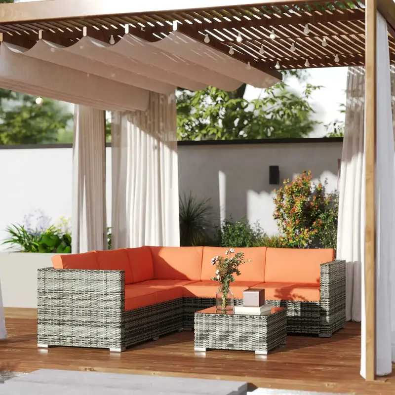 Modular Rattan Garden Sofa Set – Orange 4-Piece with Cushions & Tempered Glass Table by OUTSUNNY