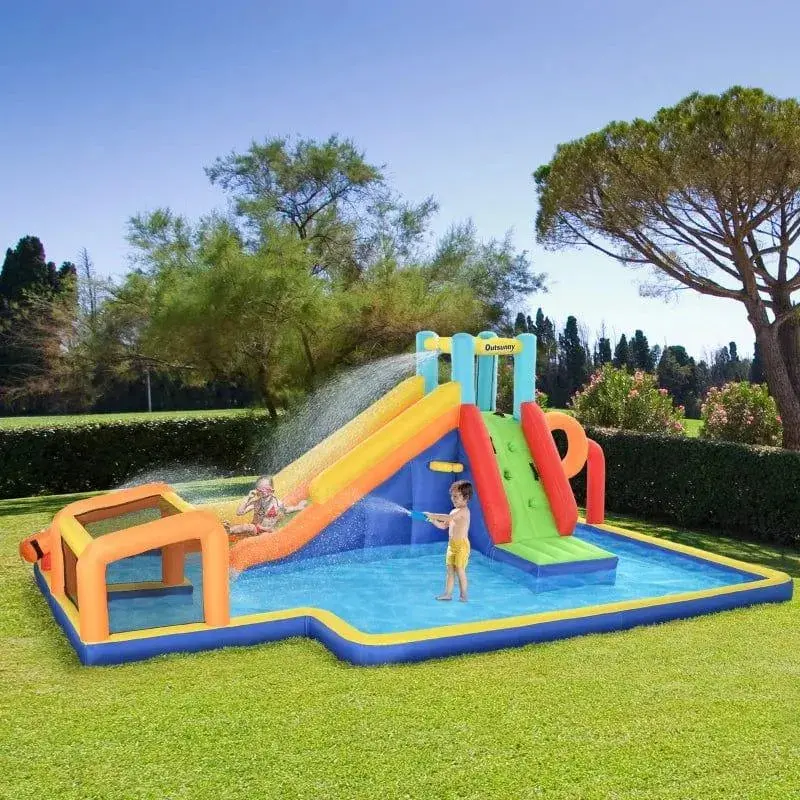 Multi-Function Inflatable Water Park – Slide, Pool, Climber, Water Cannon, Football Goal & Basketball Hoop | OUTSUNNY