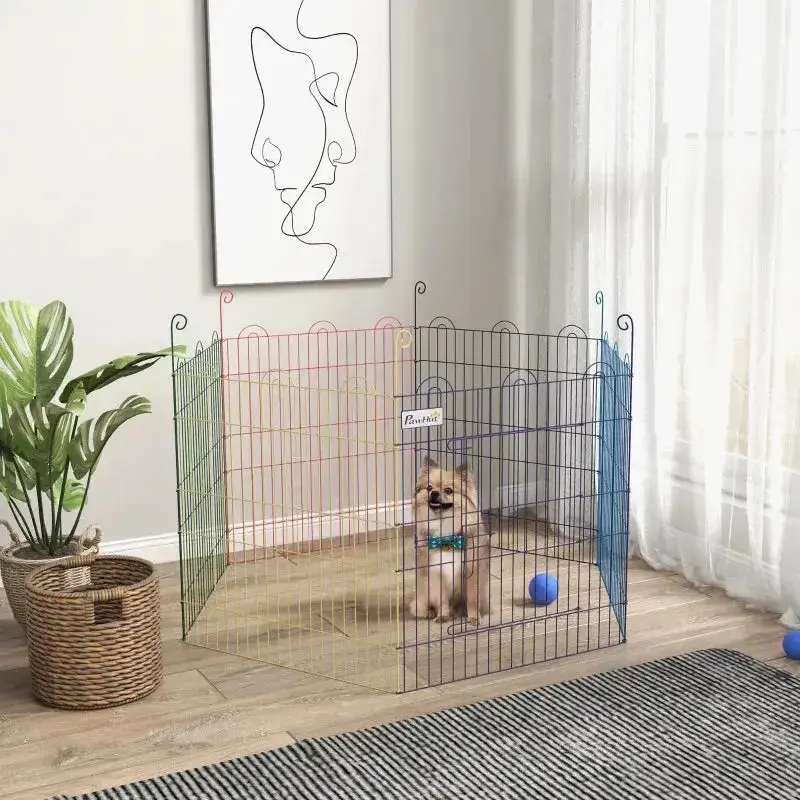 Multicolour Metal 6-Panel Pet Playpen with Step-Through Door – Compact Small Animal Enclosure – PAWHUT
