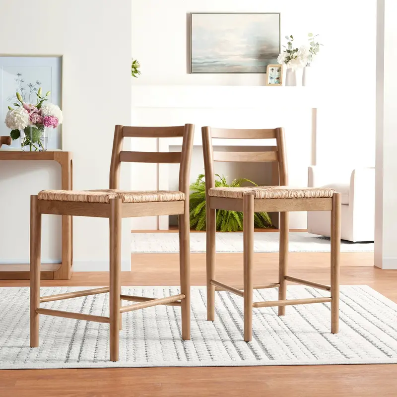 My Texas House Laurel Counter Stools – 2-Pack, Warm Brown Finish with Woven Seagrass Seats