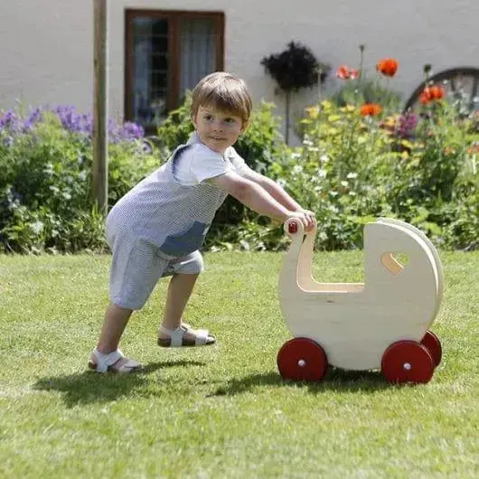 Natural Birch Dolls Pram – Red-Wheeled Heirloom-Quality Push Toy by MOOVER