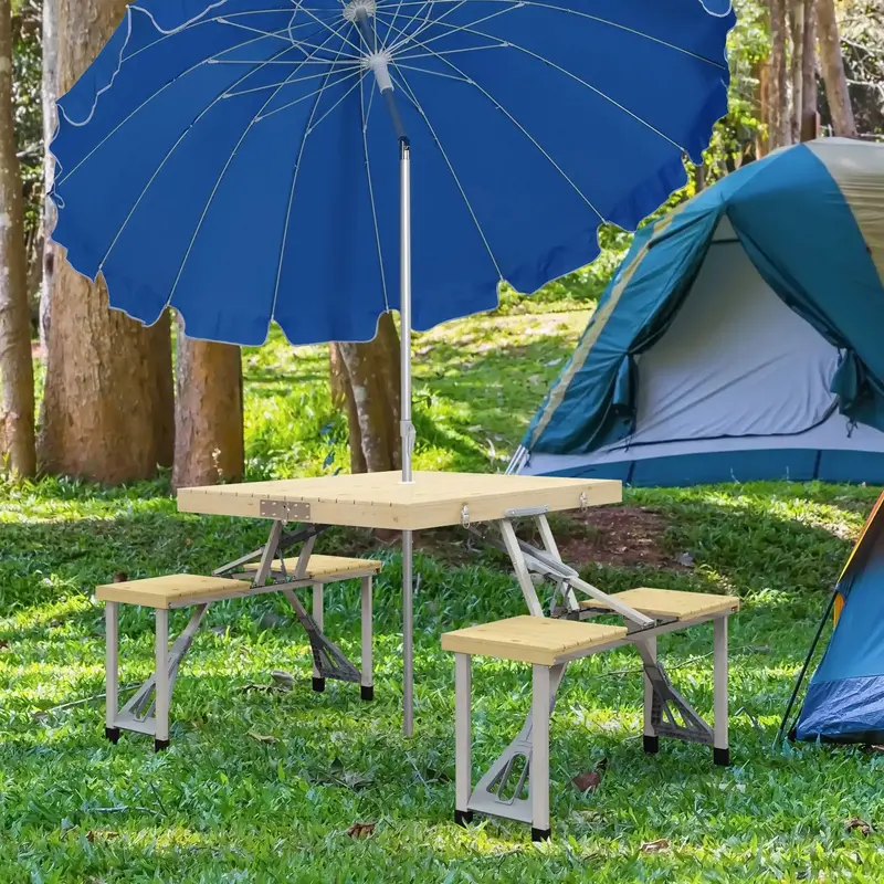 Natural-Finish Folding Picnic Table and Chair Set with Aluminium Frame and Built-In Parasol Hole