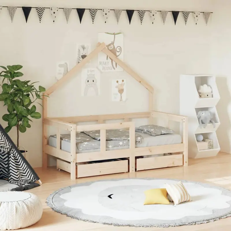 Natural-Finish Wooden Kids Bed Frame (70x140cm) with House Design and Under-Bed Storage Drawer – VIDAXL