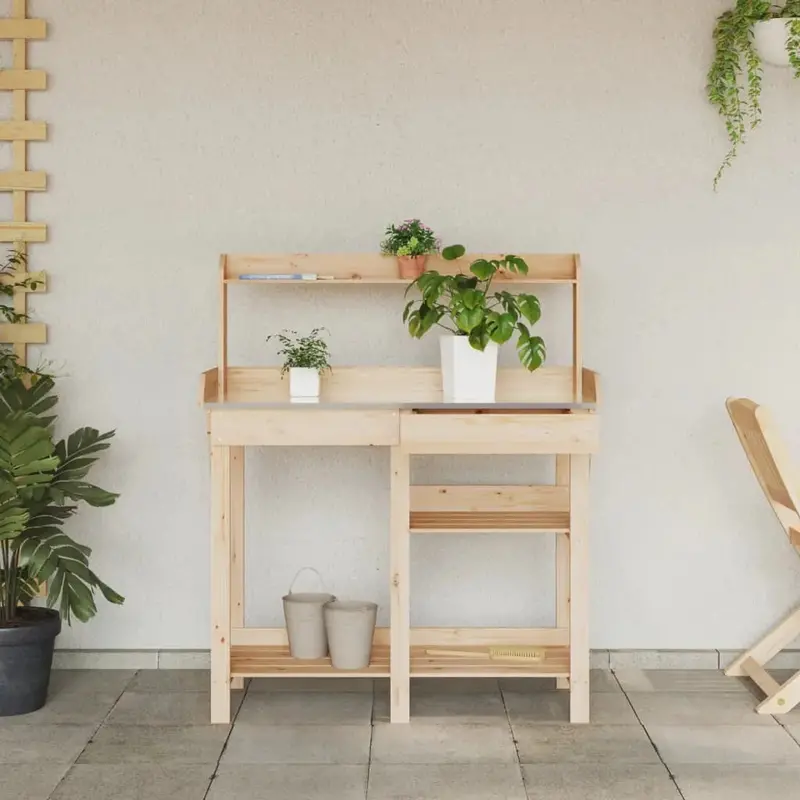 Natural Fir Wood Potting Bench – Zinc-Coated Tabletop with Storage Shelves