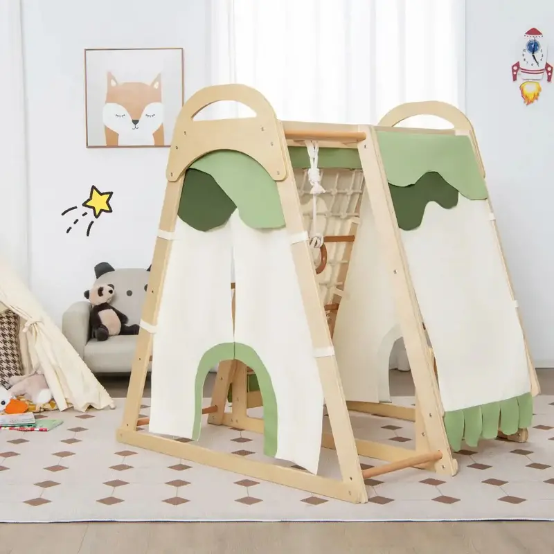Natural Indoor Wooden Jungle Gym – 4-Child Playset with Tent Mode & Climbing Features by COSTWAY