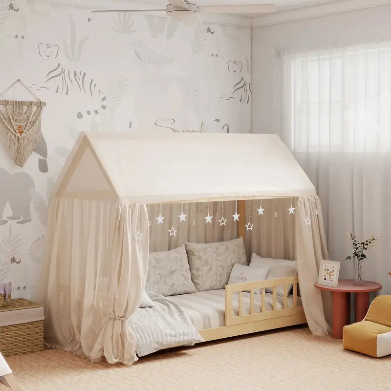 Natural Pine House-Shaped Children’s Bed Frame – Safety Guard Rails Included by HOMCOM